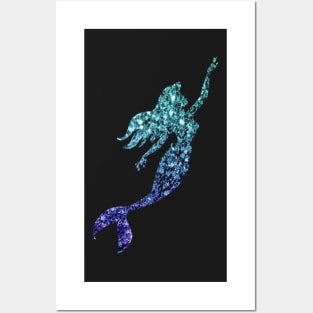 Teal and Blue Ombre Faux Glitter Mermaid Silhouette Posters and Art